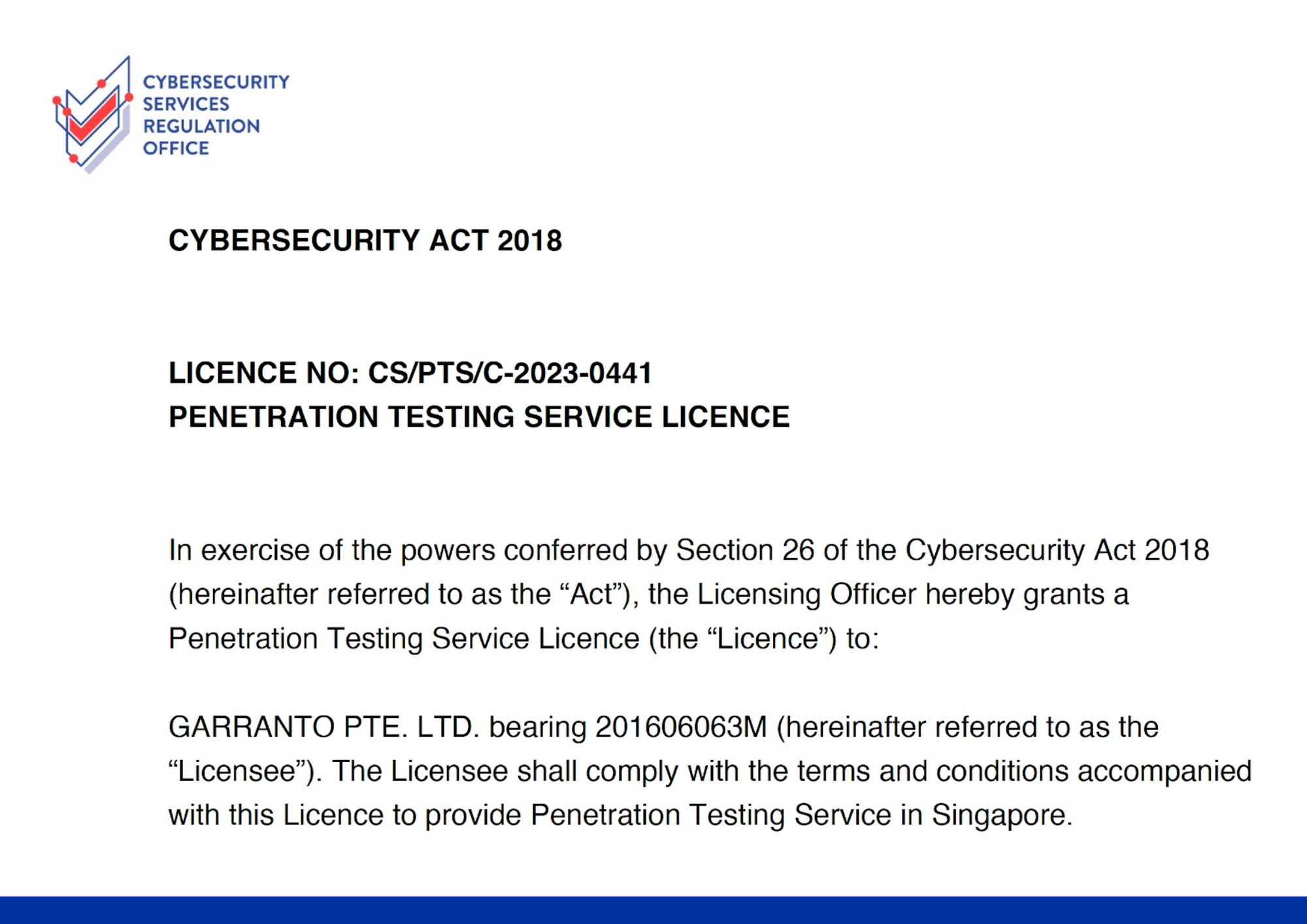 Penetration Testing Service Licence - CS/PTS/C-2023-0441