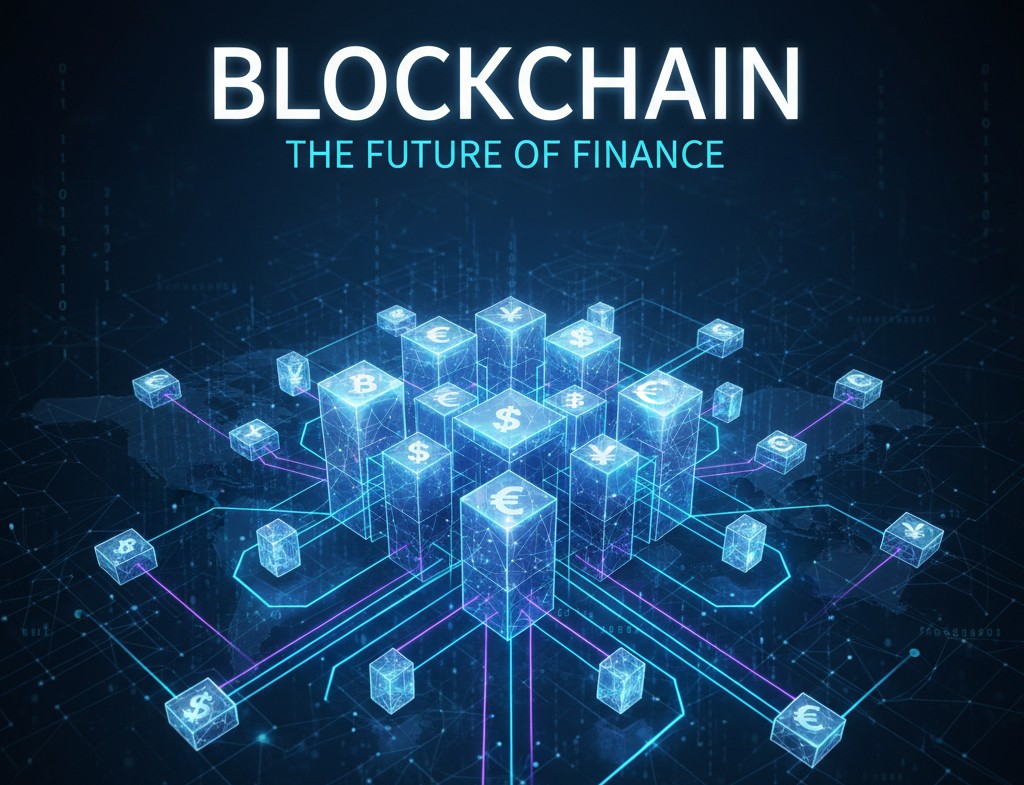 Blockchain technology banner showing decentralized network and digital ledger