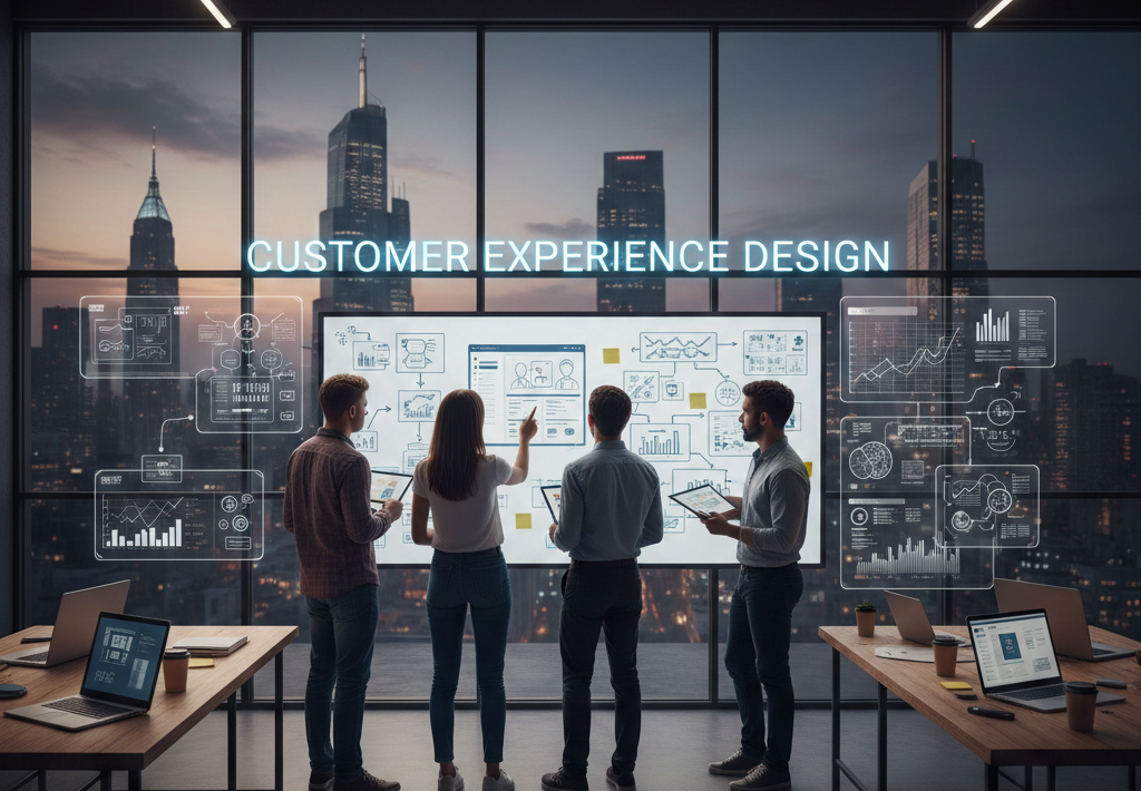 Customer experience design banner showing digital interface and human interaction