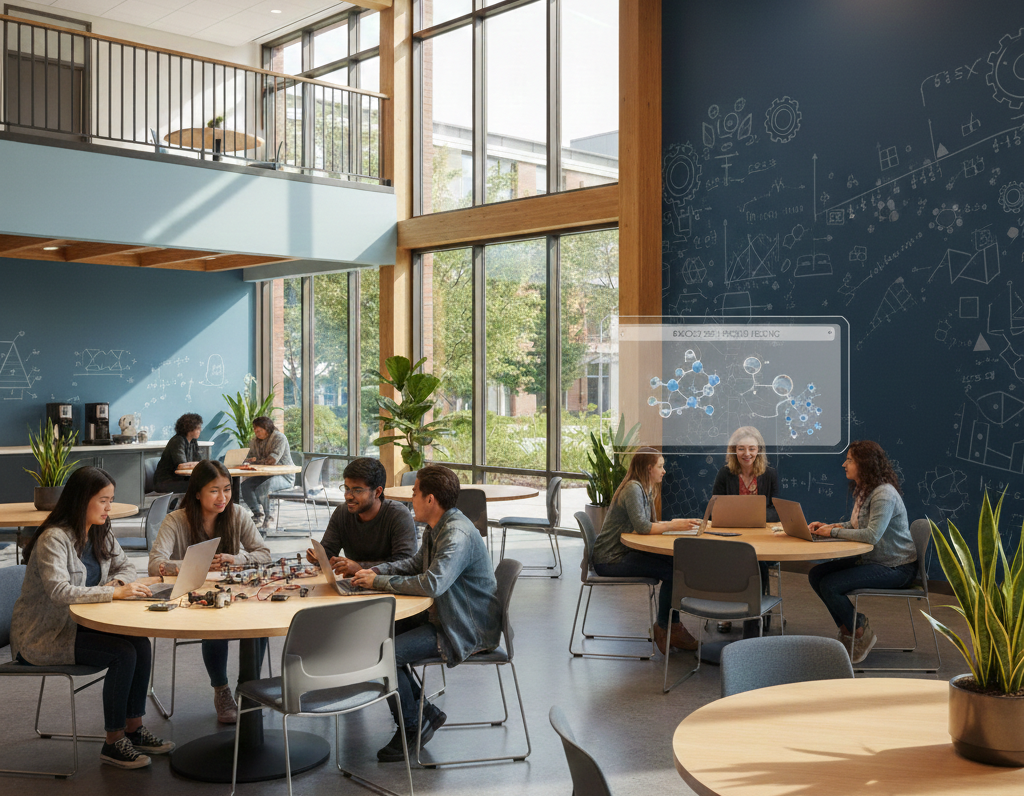 Education technology management services visualization showing students and teachers using digital tools