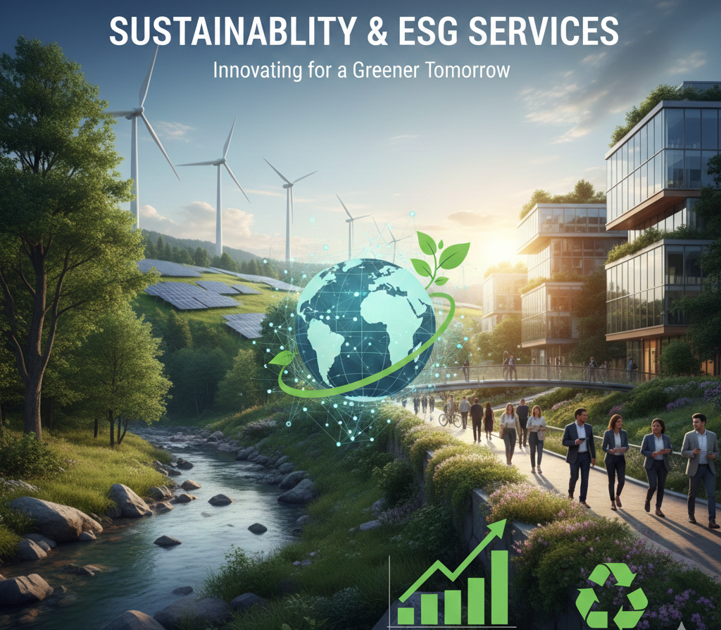 Sustainability and ESG consulting services visualization showing green business practices and environmental impact metrics